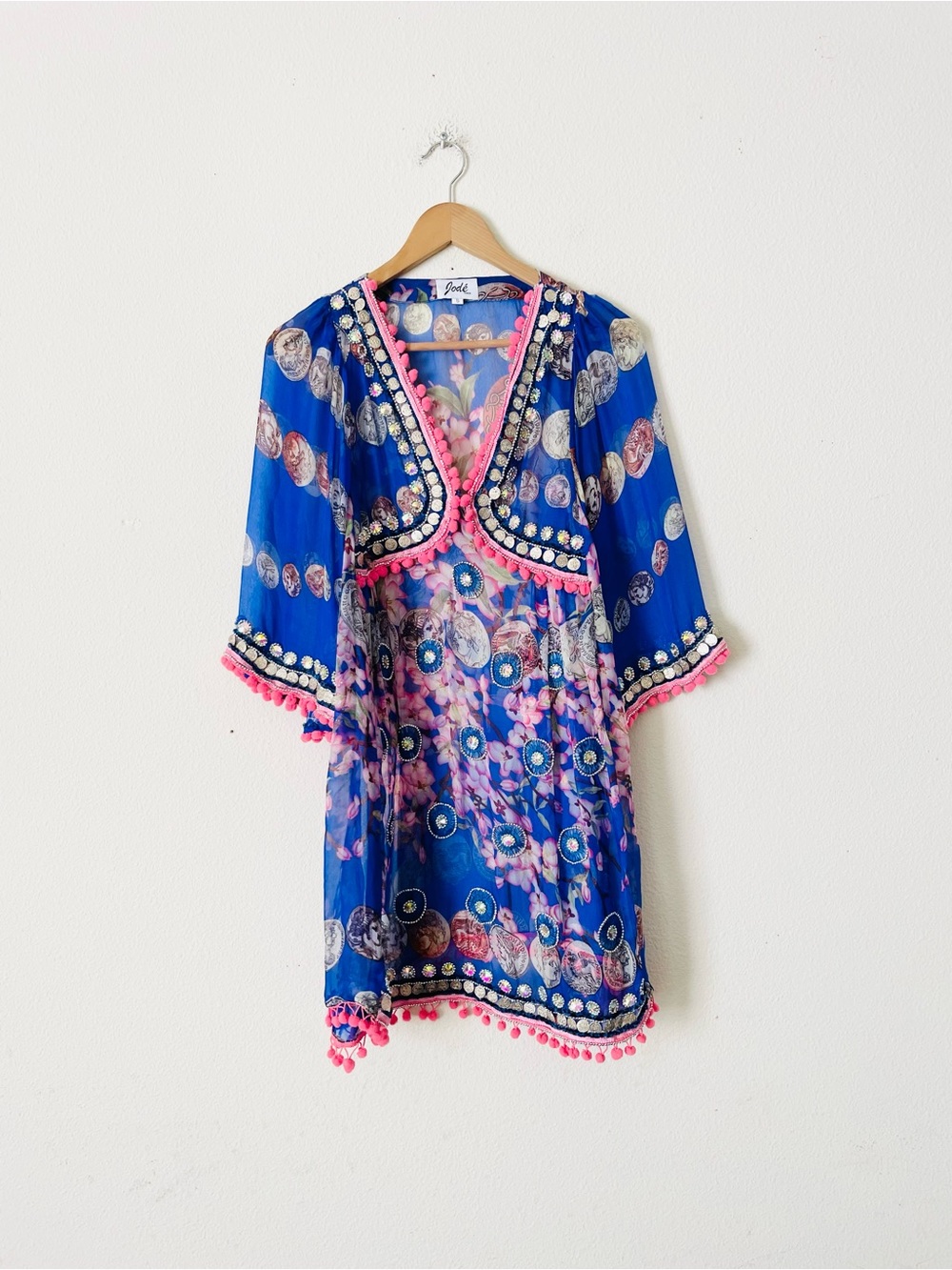 Jode London Designer Collection SMALL 100% silk chiffon blue kaftan tunic top